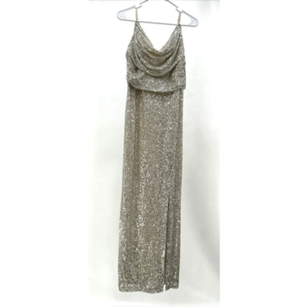 Eliza J Size 10 Silver Sequin Sleeveless‎ Cowl Neck Long Formal Gown Dress NWT